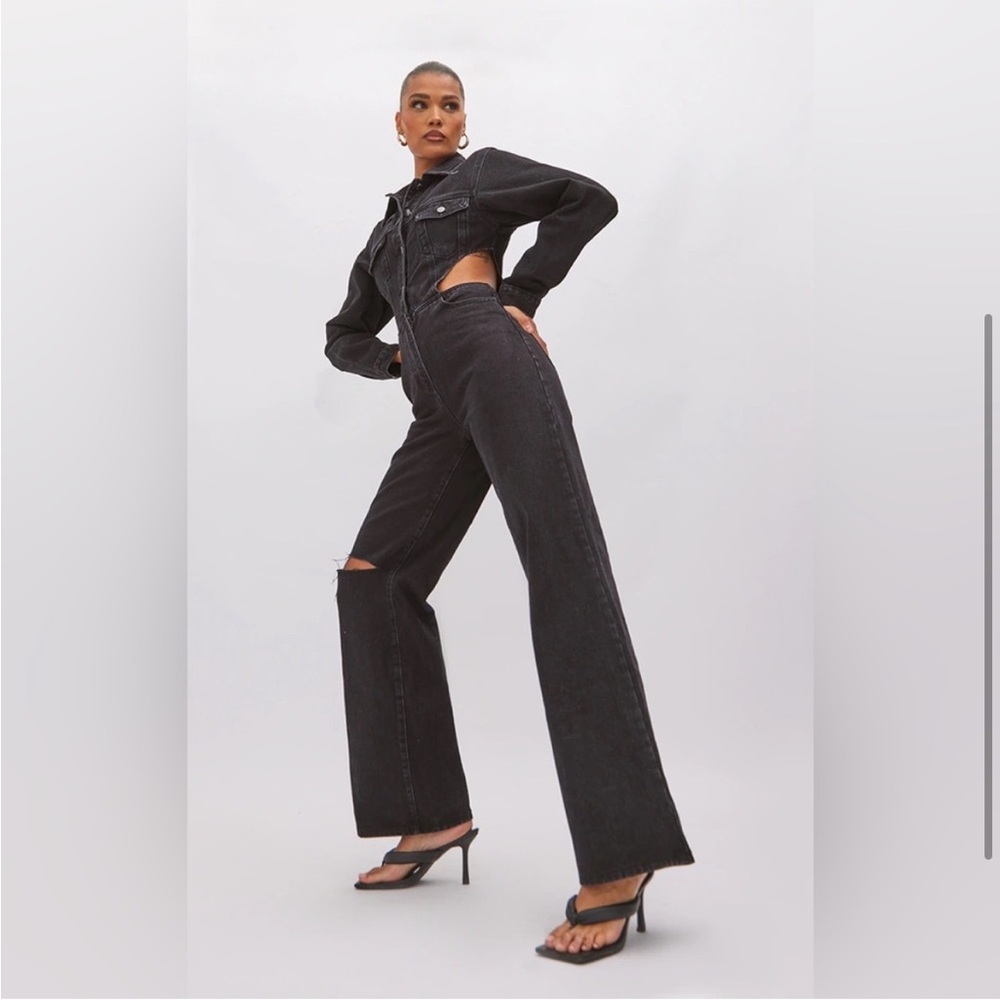 NWT PRETTY LITTLE THING washed cut out waist denim jumpsuit black